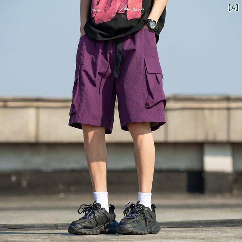 樂天商城 - メンズ ショーツ 夏用 薄手 ナイロン 素材 5分丈 ワイド シルエット 軽量 伸縮性 黒 グレー パープル ベージュ グリーン 軍パン スタイル 運動 キャンプ ランニング 普段使い クール ドライ 機能 通気性 通勤 外出 アウトドア アクティブ ウ