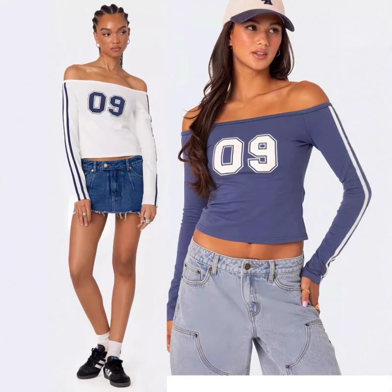 樂天商城 - レディース Tシャツ Vネック 長袖 トップス コットン 綿素材 ナイロン混紡 純色 インナー 短丈 プリント加工 平面 ストリート 朋克風 春季 白 ブルー 潮流 Y2K ダブルライン ストリートファッション レイヤード コーディネート 日常使い カジ