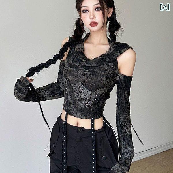 乐天商城 - レディース Tシャツ 黒 春季 長袖 丸首 修身 短丈 トップス コットン調 ポリエステル インディゴ風 プリント セットアップ風 ストリート 私服 普段使い カジュアル 伸縮性 軽量 個性派 かわいい 女性用 百搭 刺客風 連帽 肩出し Y2K 拽酷