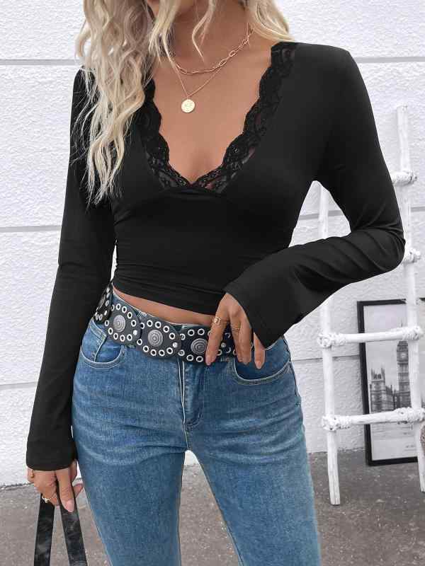 樂天商城 - レディース Tシャツ クロップド トップス Vネック 長袖 黒 ポリエステル レース 花辺 切り替え 修身 短丈 春季 潮流 街頭 セクシー かわいい 普段使い 通勤 カジュアル スタイル
