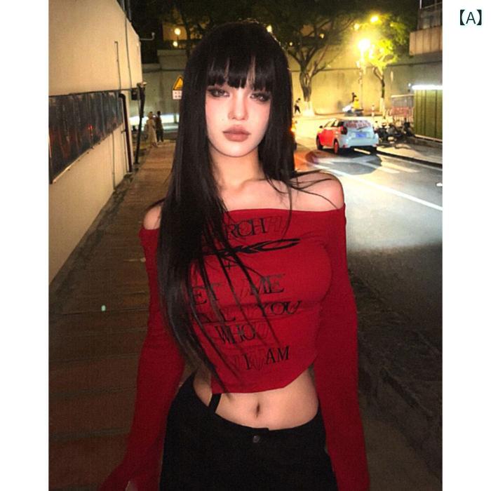 Tシャツ レディース 赤 斜め肩 長袖 短丈 修身 ワンショルダー フラッペルスリーブ デザイン ストリート セクシー スパイシー ガール スタイル 欧米風 Y2K トップス 氨纶素材 伸縮性 不規則シルエット 秋季