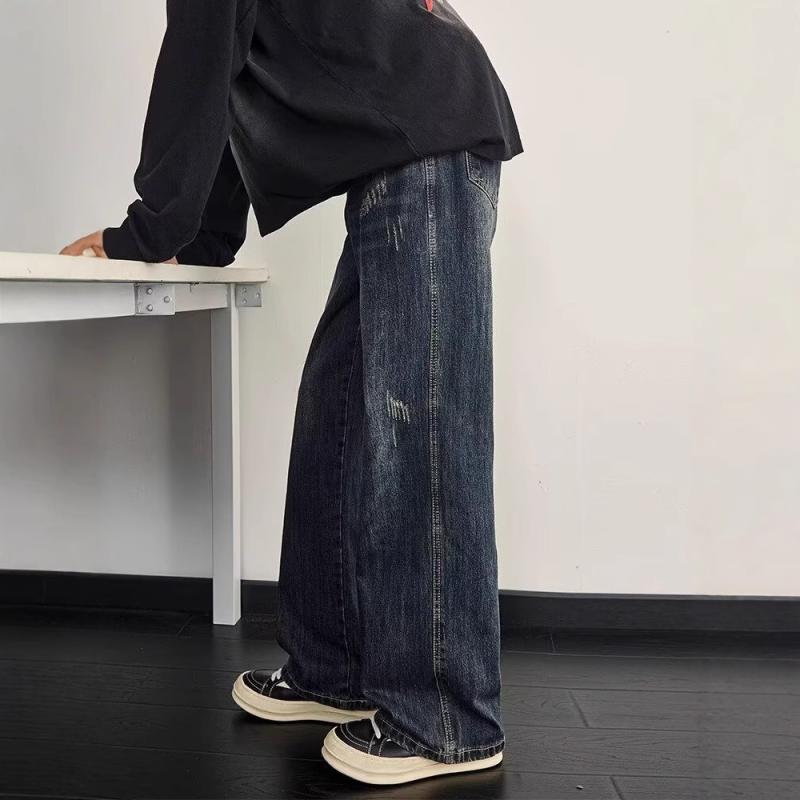 乐天商城 - メンズ 牛仔パンツ 春夏 デニム ズボン ヴィンテージ風 ワイドレッグ ストレート ロング ゆったり 中腰 ボタン 開襟 薄手 水洗加工 コットン 素材 ブルー コーラル カジュアル ストリート 普段使い 軽量 伸縮性 ない シンプル デザイン 切り替え