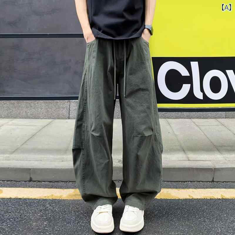 Rakuten - メンズ 工装パンツ 直筒 コットン 素材 水洗加工 緑 復古 スタイル アメリカン ストリート 痞帅 ルック 運動 ワイド フィット 多ポケット 無弾性 ミドルウエスト ロング丈 ストレートレッグ 無ベルト コードクロージャー プレーン パターン ミドル