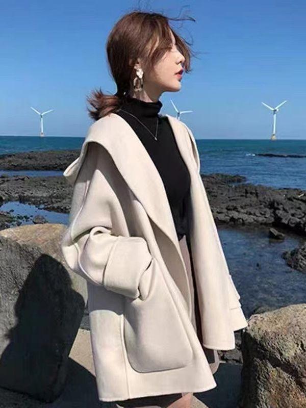 乐天商城 - カーディガン レディース 長袖 フード 付き 開き コート ルーズ ビッグサイズ 女性用 秋冬 コットン 混 ポリエステル 素材 純色 ゆったり シルエット シンプル ジャケット 日常 着用 快適 ブラウス トップス ブラック 杏色 韓国風 ストリート