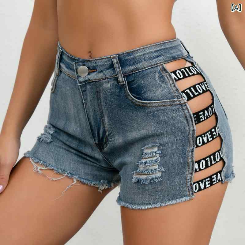 レディース デニム ショートパンツ 牛仔 短パン 女性用 高腰 直筒 弾力 伸縮性 破洞 ディストレス 加工 綿 素材 95% 以上 ブルー セクシー スタイル カジュアル 私服 春季 春 軽量 普段使い 通勤 デイリー ファッション ヒップホップ スト