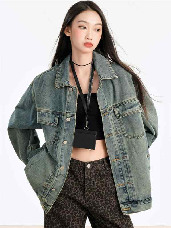 Shirts, T-Shirts - レディース 牛仔 ジャケット 外套 復古風 かわいい スパイシー デザイン ワイド ルーズ フィット カジュアル ターン ダウン コート トップス 綿 ポリエステル 混紡 切り替え 柄 ミックス カラー ライト ブルー ダーク ブルー 長袖 ボタン ディ