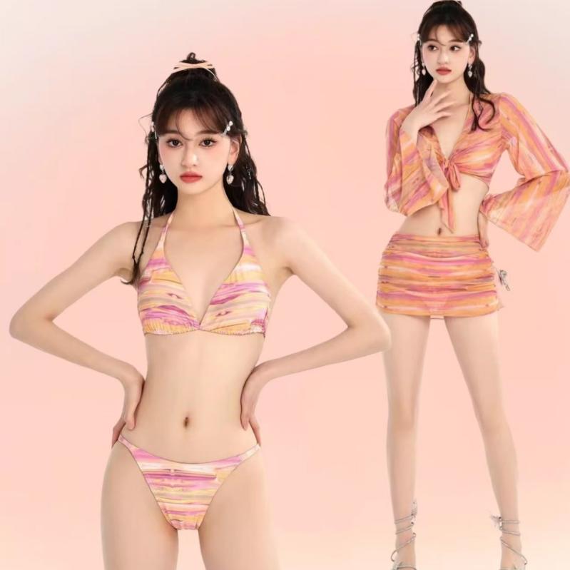 樂天商城 - レディース 水着 ビキニ 4点セット 韓版 花柄 セクシー 爽やか 欧米風 無鋼托 胸パッド 涤纶 ポリエステル 繊維 85% 285g 裏地 95% 游泳 防水 スポーツ オレンジ 無袖 三角パンツ 夏 かわいい 少女 コーディネート 軽量 伸縮性 通