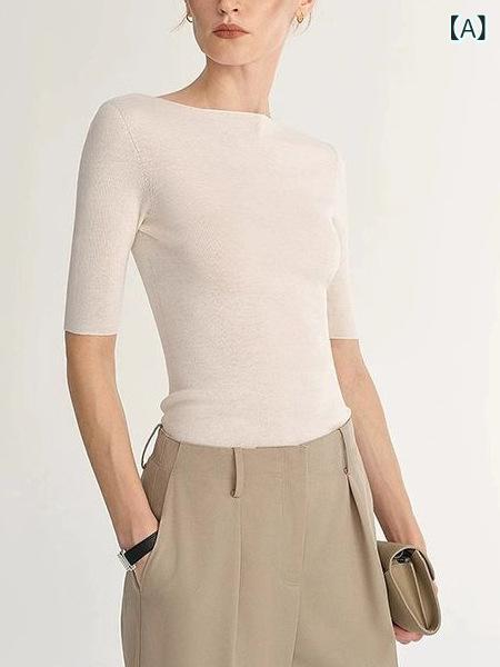 Other - Tシャツ レディース 春夏 ボートネック 半袖 接触冷感 針織 タイト インナー トップス 純色 セットアップ 修身 普通丈 シンプル 日常使い 通勤 普段着 白 黒 灰 綿素材 伸縮性 軽量 かわいい デザイン