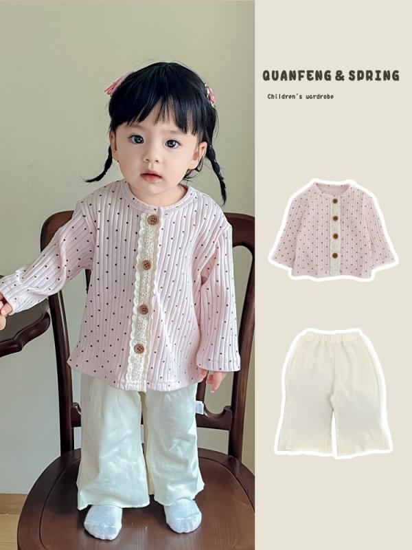 Rakuten - 女の子 開衫 セットアップ 長袖 長ズボン 春夏 秋 薄手 防風 柔らかい 化粧繊維 ポリエステル 丸模様 ピンク 杏 ホワイト かわいい 洋気 ベビー 1-3歳 インファント 幼児 日常着 室内着 外出着 涼しい 軽量 伸縮性 ピンク色 杏色 ホワイト