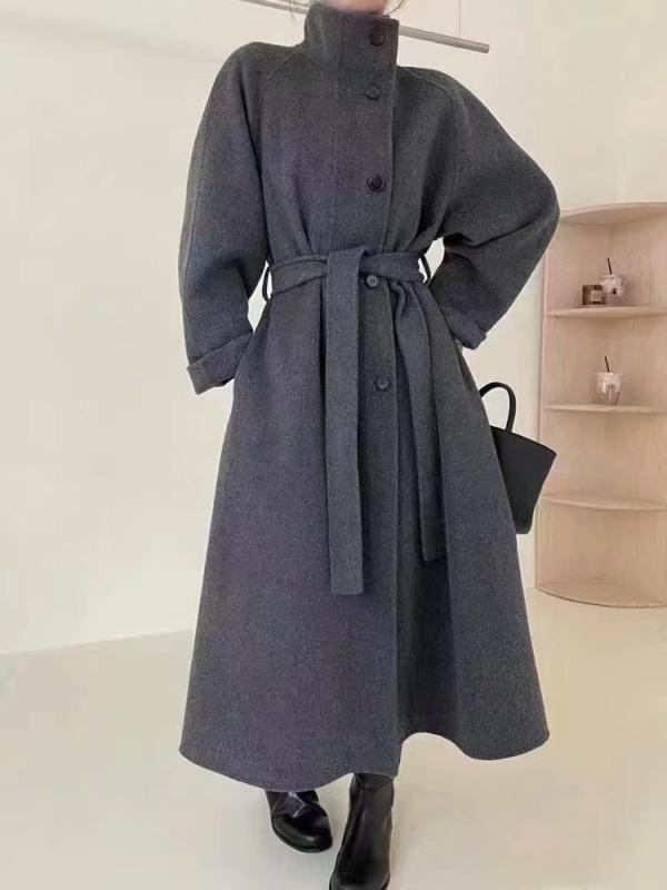 コート レディース 羊毛 ダブルフェイス ロングコート シングルブレスト ボタン スタンドカラー ロング丈 厚手 ゆったり 黒 グレー ベ..