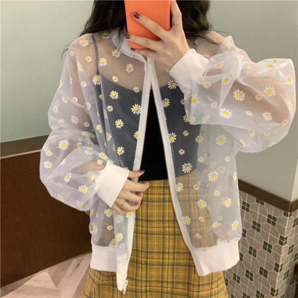 Rakuten - レディース シャツ 防晒 薄手 ワイドシルエット 韓国風 優しい 風 長袖 トップス 外套 かわいい 花柄 立体装飾 直筒 普通丈 涤纶 ポリエステル 白色 清新 甘美 スタイル 薄い 生地 夏 シーズン 直筒型 花 刺繍 立体 装飾 ジッパー 襟 白色