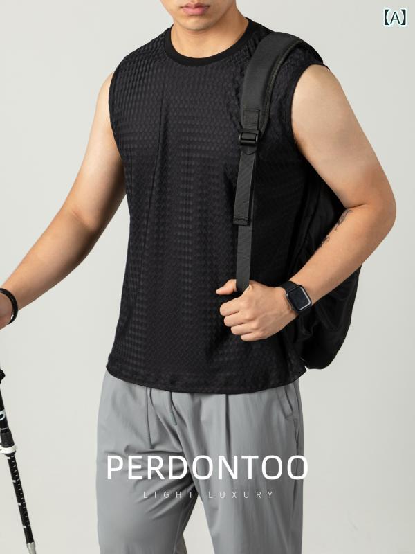 メンズ タンクトップ 無袖 Tシャツ 夏季 スポーツ 背心 薄手 透気性 速乾 接触冷感 鱗柄 ニット 黒 白 グレー グリーン 深グレー 屋外 運動 青年
