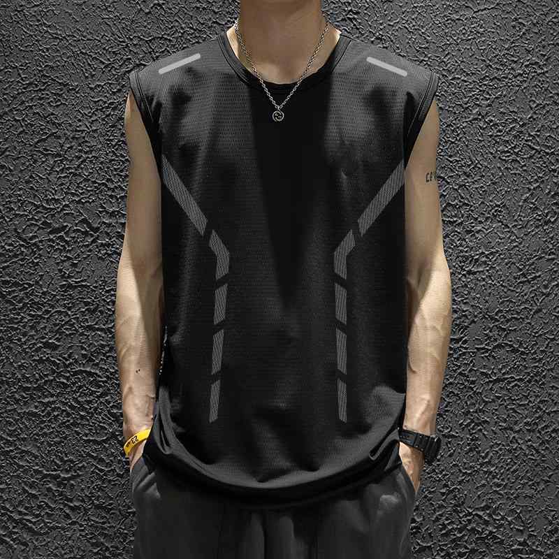 樂天商城 - メンズ タンクトップ 速乾 無袖 Tシャツ 接触冷感 スポーツ 上着 ゆったり ランニング トレーニング フィットネス 薄手 ポリエステル 混紡 純色 印花 丸下摆 黒 白 灰 紺 夏 青年 基礎 休闲