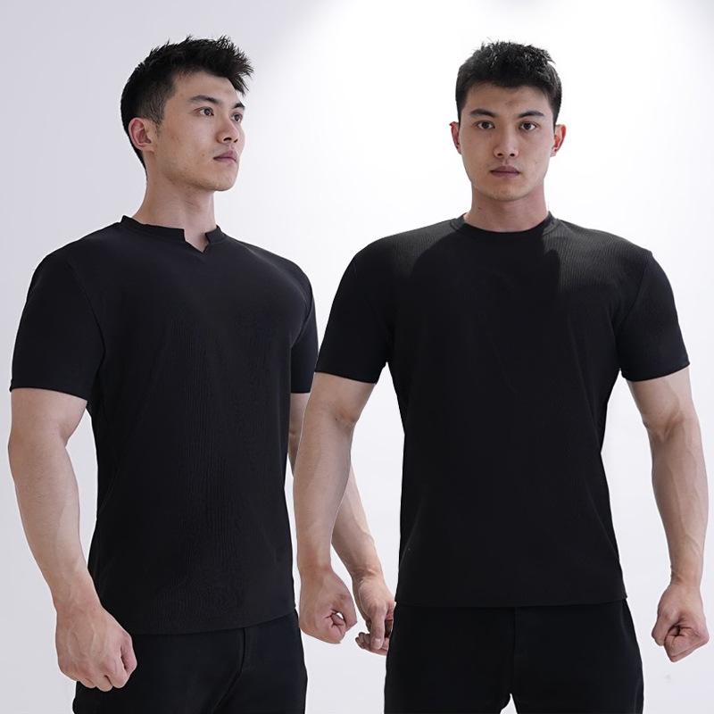 乐天商城 - メンズ Tシャツ 短袖 V領 ストライプ柄 運動 速乾 綿混紡 ポリエステル 黒 白 グレー フィットネス ランニング トレーニング ジムウェア アクティブウェア スポーツ トップス 夏用 吸汗 軽量 通気性 メンズウェア ランニングシャツ ワークアウト