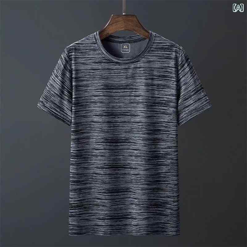 樂天商城 - メンズ Tシャツ 短袖 丸首 速乾 透気 弾力 大きいサイズ 薄手 夏季 ストライプ柄 修身シルエット ポリエステル混紡 化繊混紡 印花 数码印花 浅灰 深灰 深藍 彩藍 休闲 カジュアル 青春流行 18-24歳 成人男性 薄款 軽量 伸縮性 ストリート