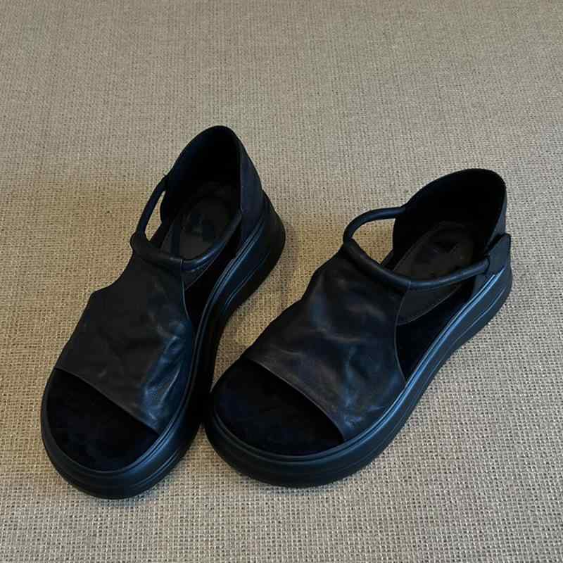 Holly'S Sole - ローマサンダル 女性用 夏 厚底 魚嘴 ローマ風 復古 レジャー 透かし 柔皮 超繊維 魔術貼 ラバーソール 杏 黒 白 ファッション 百搭 小柄対応 軽量 通気性
