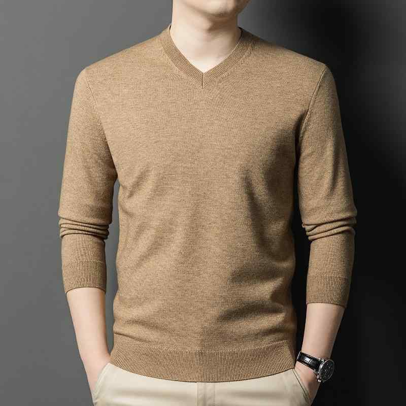 Knit Sweater - メンズ Vネック セーター 毛織物 秋冬 長袖 加厚 保暖 機洗可能 合体型 ローテクス 裾 日常 着用 青年 中年 向け 椰子白 雲白灰 中灰 色 羊毛 混 ラパン毛 30% 再生繊維 免烫 加工 休闲 スタイル 新驼色 秋香緑 花灰蘭 黒 赤 紫 系