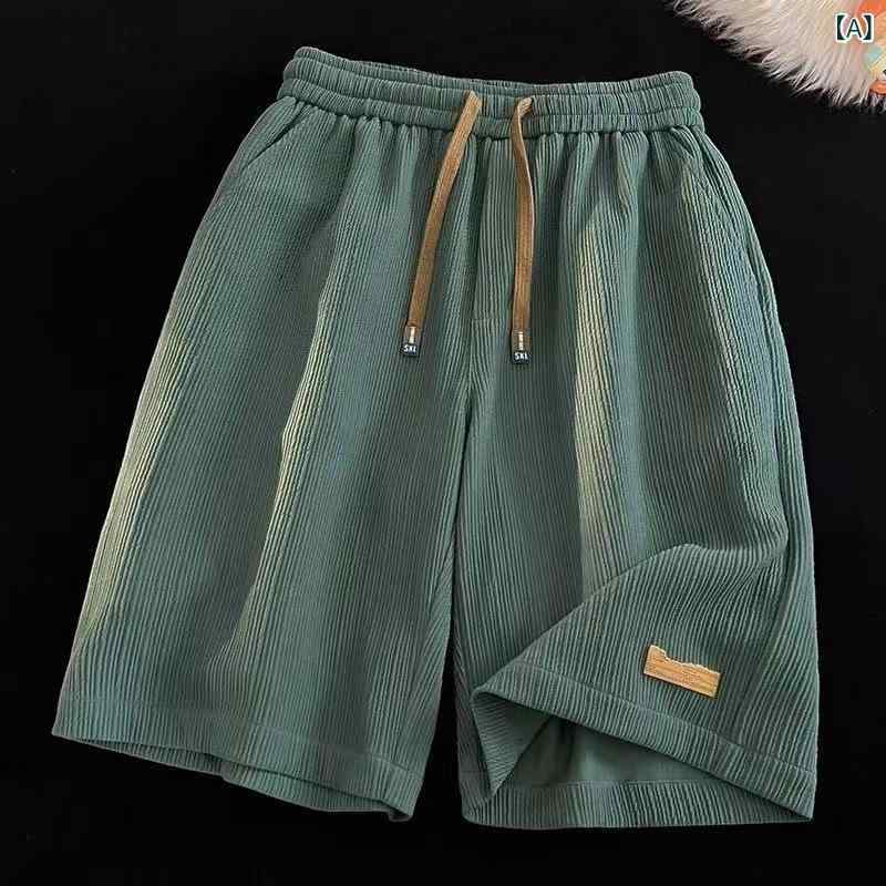 メンズ ショートパンツ 百褶 ストライプ 夏 薄手 ワッフル ポリエステル 速乾 直筒 ゆったり 緑 黒 青春 流行 スポーツ バスケ 街着 アクティブ 軽量 涼しい 5分丈