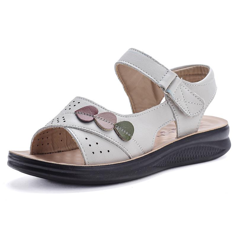 Holly'S Sole - 女性 魚嘴サンダル メンズ レディース 中年 ママ 夏 法式 厚底 松糕 按摩 平底 ローマ 牛皮 頭層牛皮 米白 藕色 花朵 丸頭 低幫 前後 絆帶 魔術貼 軽便 透気 速乾 防滑 按摩 増高 減肥 平衡 休間