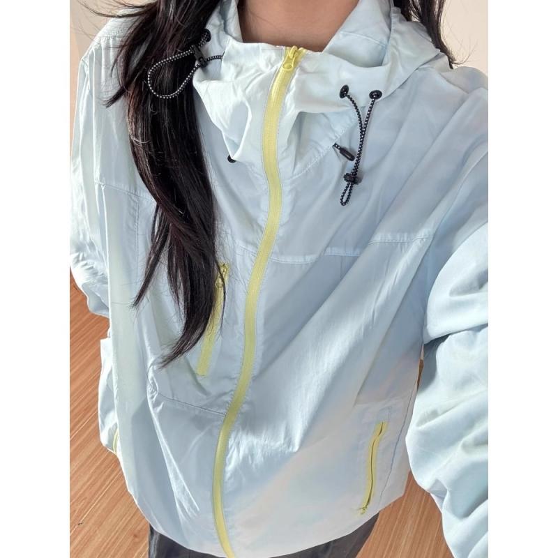 Rakuten - レディース 防晒服 夏季 軽薄 透気 長袖 連帽 外套 長款 ワイドシルエット 涤纶 アイスシルク 接触冷感 拉链 アップル F40+ 北川 ブルー 薄手 快適 休闲 原宿風 日韓 スタイル