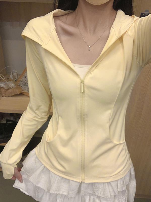 防晒衣 レディース 夏服 修身 アイスシルク 開衫 外套 フード 長袖 薄手 通勤 純色 ポケット ラップトップ UPF50+ ポリエステル 95% 以上 アイボリー グレー ブラック ピンク グリーン かわいい 軽量 紫外線対策 普段使い 気質 スタイ