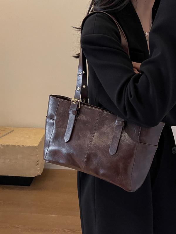 トートバッグ レディース 大容量 肩掛け 手提げ 黒 ブラウン ホワイト 合成皮革 横型 方形 ソフト ジップ開閉 ダブルストラップ ロック ステッチ ストリート ファッション 通勤 日常 使い 通年 軽量 収納 多機能 シンプル デザイン トレンド ア
