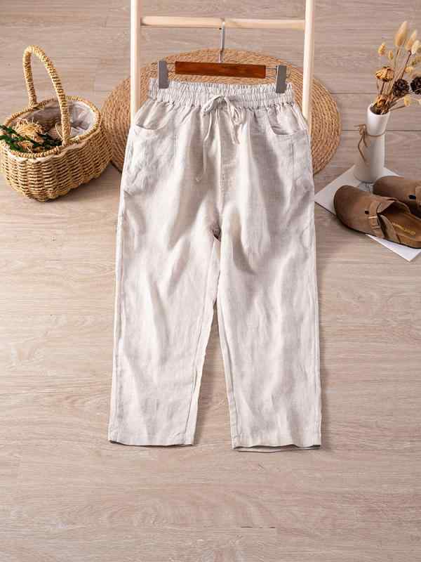 Pants - レディース ハーレムパンツ 九分丈 麻 ロングパンツ ワイドパンツ ローブパンツ テーパードパンツ ゆったりパンツ 軽量 薄手 高腰 ドローストリング ウエスト ポケット シンプル 復古 ボヘミアン 風 夏 麻色 卡其 黒