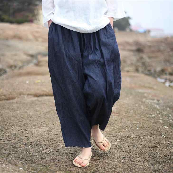 Pants - レディース 九分パンツ 牛仔ブルー 自然毛羽立ち ゴムウエスト 超ゆったり ハーレム ワイドレッグ ロングパンツ ルーズフィット コットン 混紡 デニム素材 ゆったりシルエット 中腰 デザイン 水洗加工 快適 日常使い 休日スタイル カジュアル 女性用