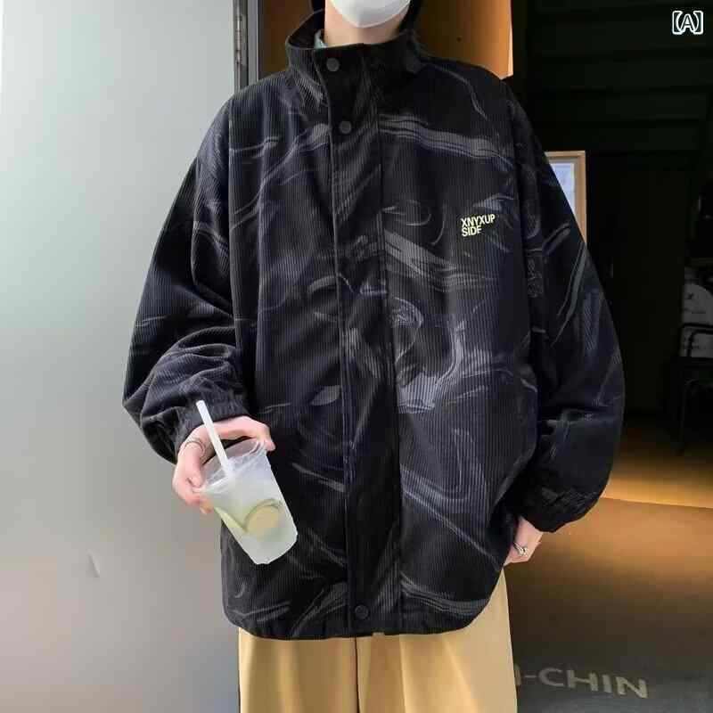 メンズ コート 灯芯绒 フラップカラ ジャケット 春秋 潮牌 アメリカン レトロ ワークウェア 秋冬 ルーズ フィット 耐摩耗 ポリエステル 100% 長袖 ジップアップ ノーハット ミディアム 厚さ ソリッド カラー 直裾 ステッチ ディテール サイド