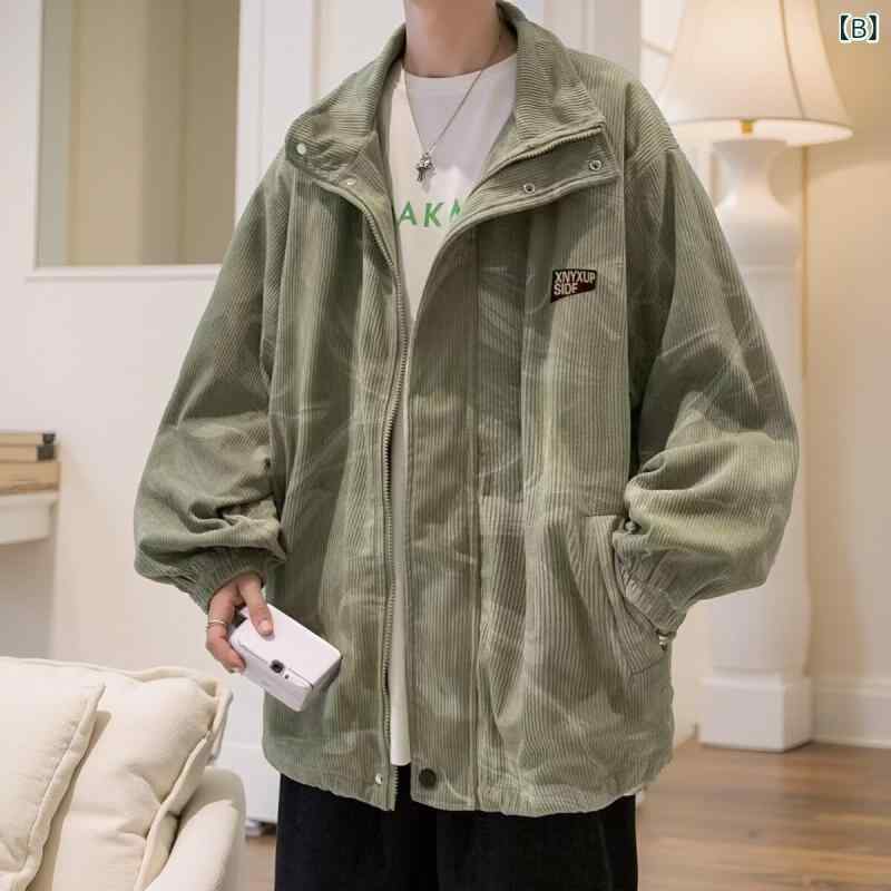 リメイクバディーのメンズ コート 灯芯绒 フラップカラ ジャケット 春秋 潮牌 アメリカン レトロ ワークウェア 秋冬 ルーズ フィット 耐摩耗 ポリエステル 100% 長袖 ジップアップ ノーハット ミディアム 厚さ ソリッド カラー 直裾 ステッチ ディテール サイド｜アングル2