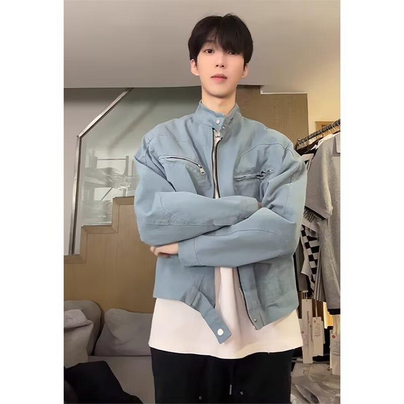 乐天商城 - メンズ ジャケット ワーク ウオッシュ加工 男士 アイスブルー シンプル ゆったり シルエット レディース 耐久性 防風 復古 スタンドカラー ルーズフィット ジップアップ ノーハット ミディアム厚 プリント ストレートヘム ロングスリーブ グレー ライ