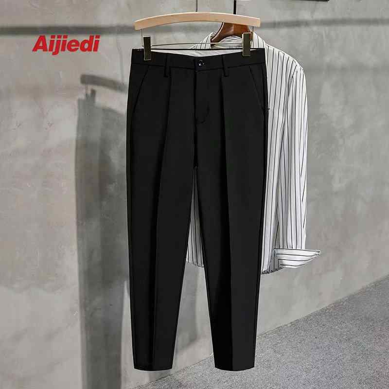 Pants - メンズ 九分パンツ 春夏 スラックス 修身 細脚 ストレートレッグ ミッドライズ 薄手 無地 ポリエステル 四面弾 微弾性 アイロン不要 ビジネスカジュアル デイリー 黒 グレー カーキ 青少年 日常 軽量 伸縮性 通勤 普段使い
