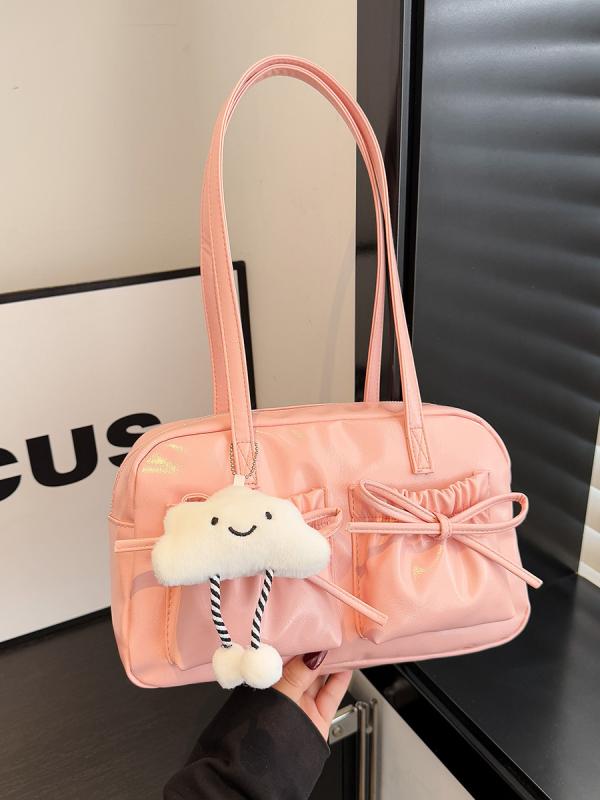 女性用 バッグ 肩掛けバッグ 横型 方形 プルエット風 バレエスタイル 蝶結び プリーツ 光沢 PU素材 ソフトタイプ ジッパー開閉 立体ポケット ダブルストラップ 都市シンプル 日常使い 銀 黒 ピンク 春季