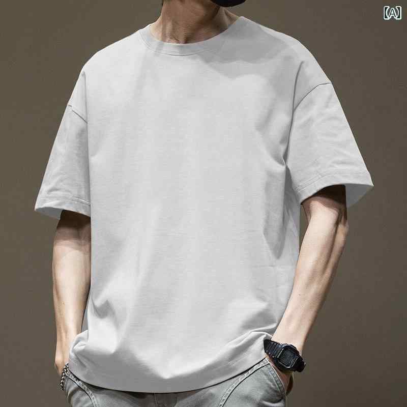 Rakuten - メンズ Tシャツ 半袖 短袖 綿 重厚 丸首 修身 夏 日常 青年 男性用 トップス 基本 百搭 人物柄 白 黒 灰 紺 カーキ 抗菌 耐磨 高弾 軽量 伸縮 普通厚 オリジナル 200g 96%綿 セットアップなし