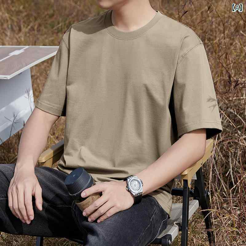 樂天商城 - メンズ 短袖 Tシャツ 綿 100% 新疆長絨綿 純色 半袖 打底 トップス 丸首 ルーズフィット 薄手 夏 透気性 日常 カジュアル オリーブ グリーン ブラック ホワイト ミッドセンチュリー 青年向け シンプル スタイル