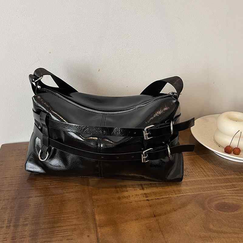 女性用 ショルダーバッグ 単肩 斜めがけ 脇下バッグ 純色 PU 中型 水桶型 ソフト 光沢 ステッチ シンプル 都市 通勤 日常 ブラック 白 ピンク 秋冬