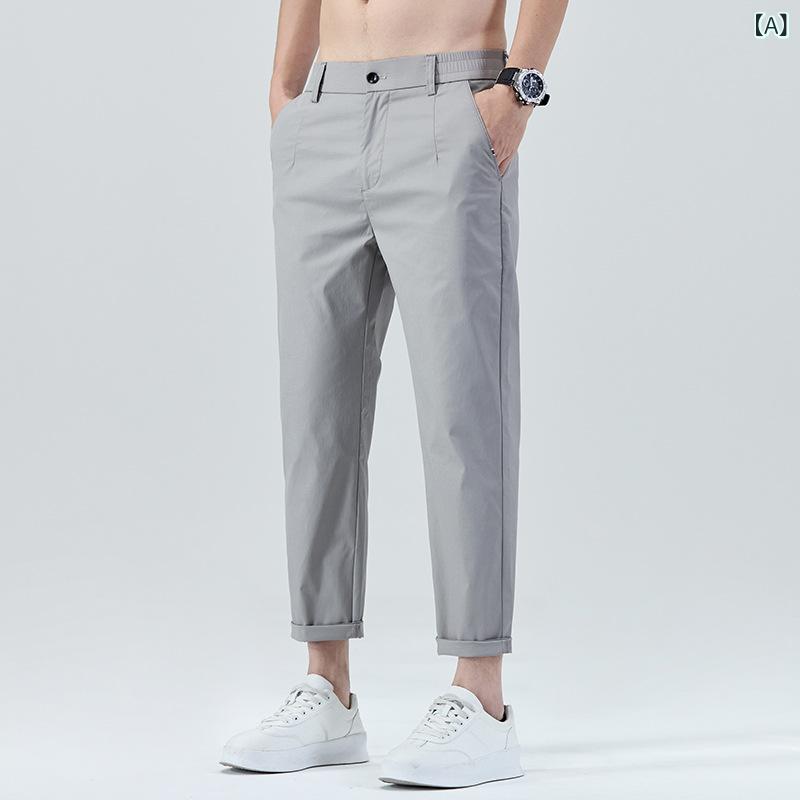 Slacks - メンズ 休闲裤 直筒 九分 薄手 速乾 接触冷感 軽量 伸縮性 綿 ニルオン 夏 グレー グリーン ブラック 通勤 日常 アウトドア ポケット ミドルウエスト ジッパー 透気性 マイコン シルエット 男性用 テーパードパンツ ラフスタイル アクティブウェ
