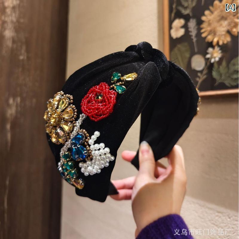 ヘアアクセサリー 発箍 手縫い ベルベット ワイドエッジ 頭箍 豪華 大気 高め 頭頂 女性用 黒 紫 乳白 アクリル繊維 オリジナルデザイン 如意 祥雲 水波紋 万字 吉祥パターン 龍鳳紋飾 民族風 国風 2