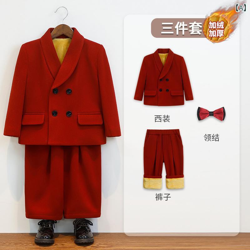 乐天商城 - 男の子 スーツ セット 秋冬 裏起毛 保暖 長袖 3点セット 外套 長ズボン ボウタイ 英倫風 韓流 赤 短丈 化繊混紡 柔軟 ポリエステル 95% 長袖 長ズボン ダブルブレスト ボタン 3〜8歳 100〜140cm 通勤 演出 礼服 フォーマル 普段