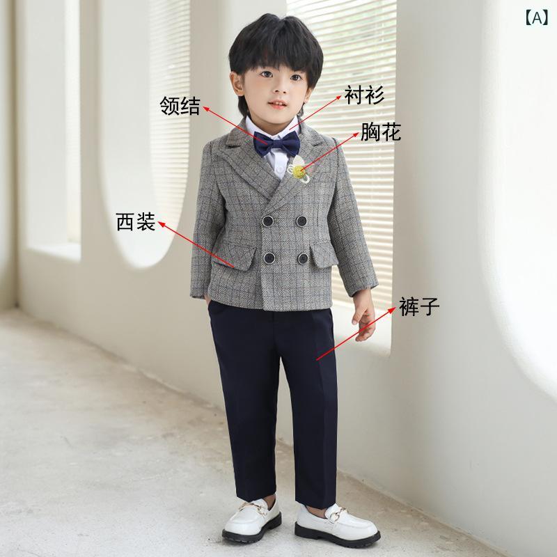 Other - 男の子 西装セット 3点 キッズ フォーマル スーツ 長袖 シャツ 馬甲 ズボン 格子柄 蝶ネクタイ 花飾り 灰色 柔らかい 混紡素材 短め丈 ダブルブレスト 長袖 3〜8歳 100〜140cm オールシーズン 韓国風 結婚式 誕生日 パーティー 演出