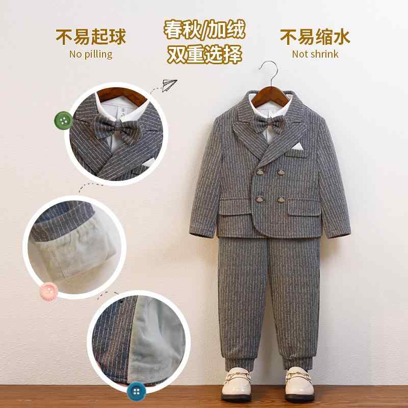 樂天商城 - 男の子 西装 礼服 秋冬 英伦 条紋 セットアップ Vネック 長袖 2ピース 3ピース 4ピース 5ピース 外套 シャツ マスタード 長パンツ ボウタイ 双排扣 化粧纖維 混紡 酵素洗 かわいい 短丈 フォーマル 演出 花童 周岁 3〜8歳 100〜14