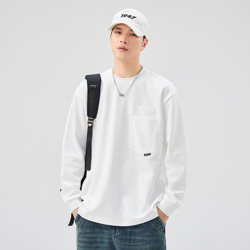 乐天商城 - メンズ Tシャツ 長袖 丸首 ゆったり ソリッドカラー インナー ポケット 綿混紡 ポリエステル 透気性 落肩袖 免燙 黒 白 グレー 茶 紫 春夏 秋冬 秋 春秋 青少年 成人 男 休闲 基礎 日常 カジュアル スタイル 流行 基本 ゆったり型 普通厚
