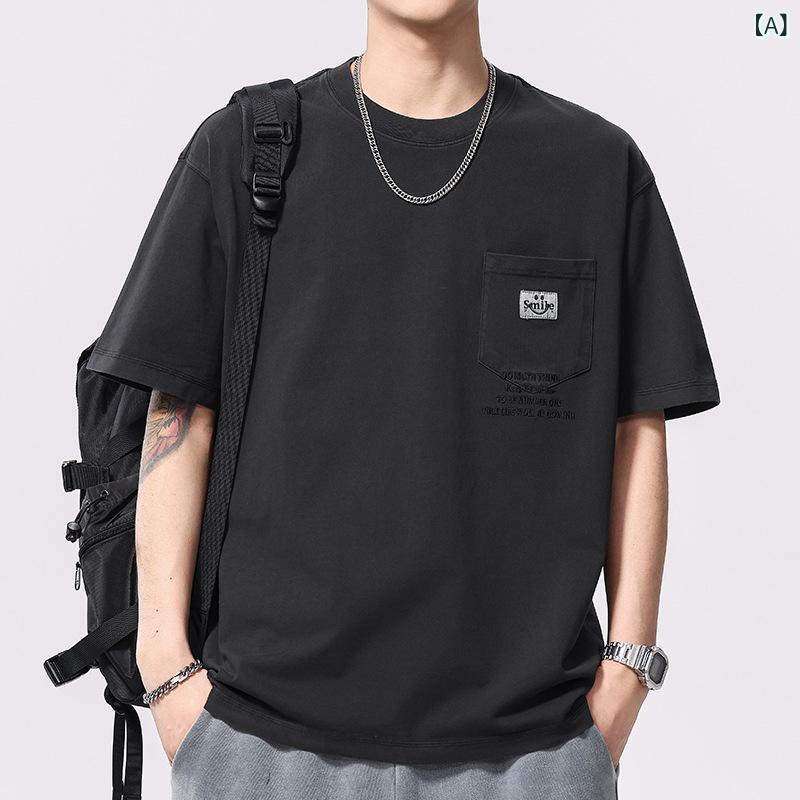 Spain （Clubs） - メンズ Tシャツ 半袖 短袖 綿 100% 純綿 丸首 ルーズフィット 落肩袖 ポケット 刺繍 ヴィンテージ風 洗い加工 透気性 耐摩耗 日常 黒 赤 夏 青年 24-35歳 カジュアル ストリート ファッション
