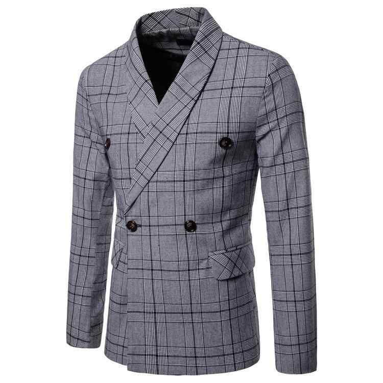 Coat - メンズ 西装 ジャケット 秋季 格纹 ダブルブレスト ボタン 修身 綿 素材 長袖 直下摆 後中開衩 ピンストライプ チェック柄 スーツ コート トップス 青年 男性用 軽量 洗濯機洗い 可能 都市スタイル ビジネスカジュアル 秋冬 グレー