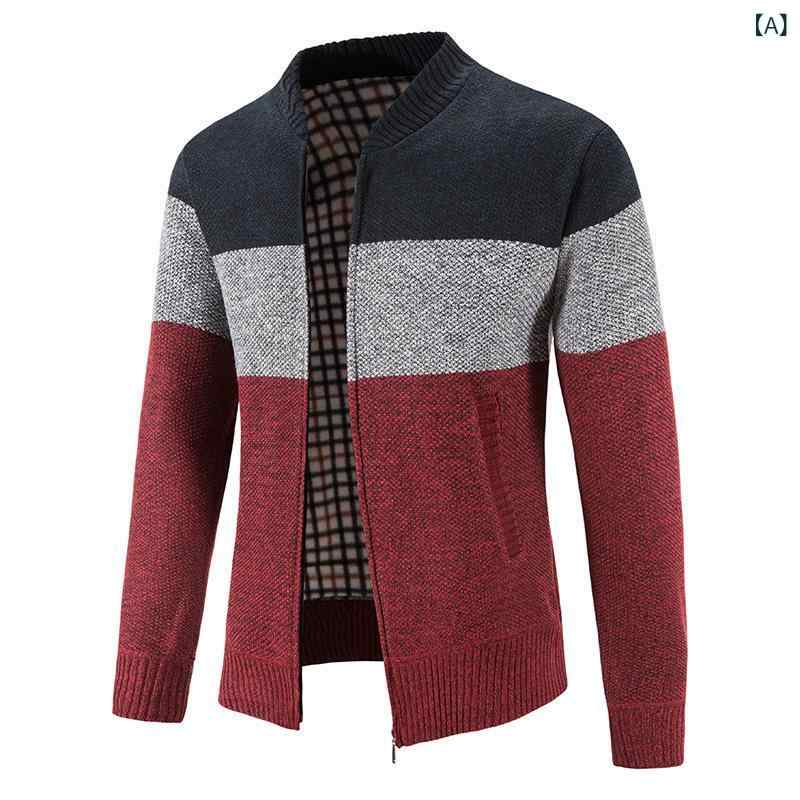 Knit Sweater - カーディガン メンズ 秋冬 立領 ジップ ニットセーター 切り替え 長袖 修身 綿混 アセテート繊維 裏起毛 厚手 韓国風 ファッション 都市 青少年 20代 30代 ワインレッド ブルー ネイビー 休闲 春秋 機洗い 免烫 長袖 トップス セーター ニ