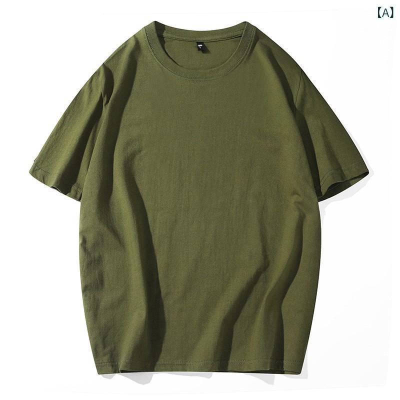 Rakuten - メンズ Tシャツ 綿 素材 丸首 短袖 無地 落肩袖 ロゴプリント 透気性 ゆったりシルエット 夏用 軍緑 大紅 豆緑 色 青年向け 日常 作業着 文化衫 半袖 トップス クラスT 基本スタイル ファッショナブル 都市 24-35歳