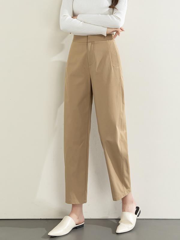 Cropped Pants - レディース 九分パンツ 秋 高腰 抗皱 柔らかい 鎌刀型 スリム 気質 通勤 休闲 ワイドシルエット 中厚 微弾力 切り替え 暗扣 日韓風 ベージュ 黒 ダークブラウン カジュアル デイリー 軽量 伸縮性 コットン混 ハイウエスト ビッグシルエット 秋冬