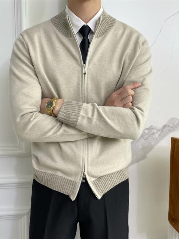 Knit Sweater - メンズ ニット カーディガン 開き ダブルジッパー 刺繍 立襟 長袖 修身 ポリエステル 混紡 透気 春秋 ネイビー 浅杏 休闲 青少年 日系 清新
