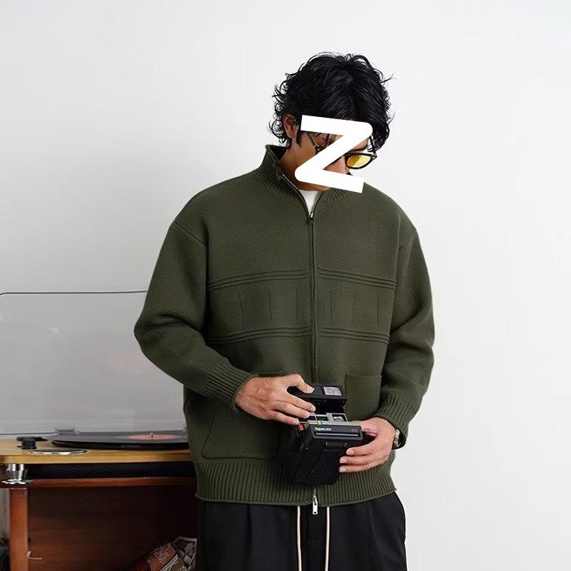 メンズ ニット カーディガン 毛糸 ジャケット 短丈 ダブルジッパー 開き前 トップス 立襟 長袖 ゆったり シルエット 春秋 ビジネス 紳士 スタイル 街着 通勤 基礎 コーデ 雪ニール ヴィスコース 繊維 免燻 加工 グレー グリーン 黒 杏 色 青