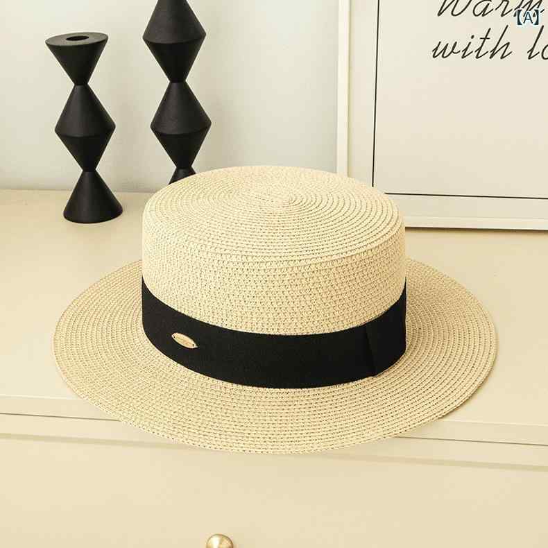 Straw Hat - 麦わら帽子 女性用 平頂 草編 夏 海辺 休暇 防曬 遮陽 透氣 英倫風 気質 礼帽 米色 黒帯 卡其 黒帯 均碼 可調節 百搭 極簡 休間風 ファッション OL 簡約 軽奢風 草編 不可折疊 ファッション 通勤 圓圈 元素